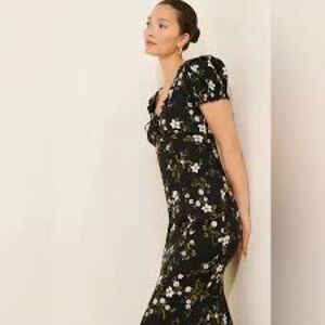 Maeve Linen Blend Puff-Sleeve Sweetheart Midi Dress